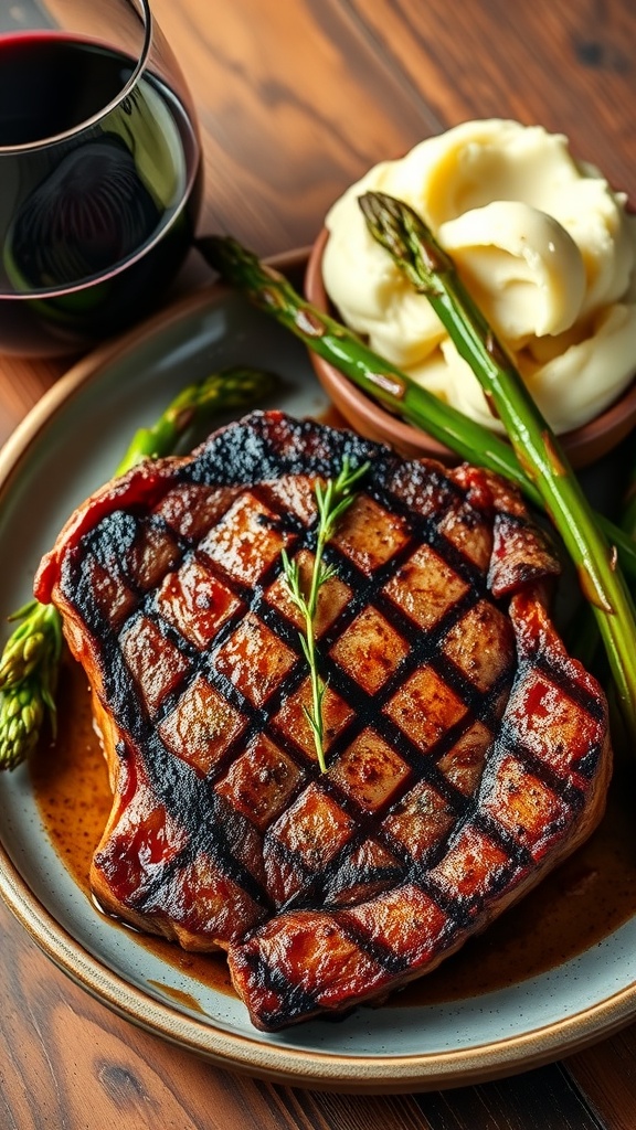 Grilled ribeye steak with mashed potatoes and asparagus on a rustic table.